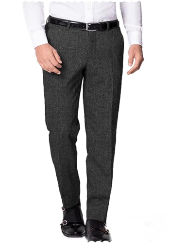 Men's Classic Fit Herringbone Tweed Dress Pants Slim Expandable Waist Business Office Trousers