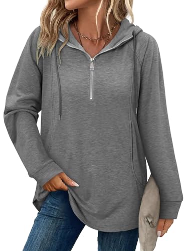 onlypuff Women Hoodie Pullover Trendy Quarter Zipper Lapel Sweatshirts Drawstring Cute Hooded Tunic Tops with Side Pockets