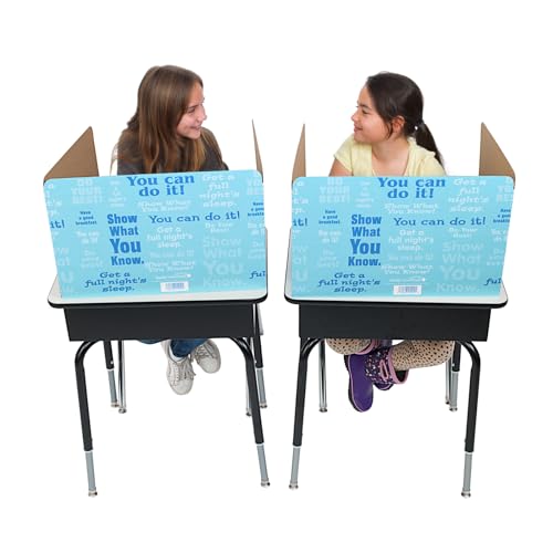 Image of Really Good Stuff Blue Privacy Shields for Student Desks, Set of 12 | 14 inch H x 22 inch W x 16 inch D, Ages 4+, PreK+, Desk Dividers with Motivational Messages