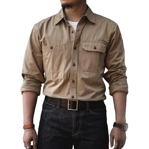 Men Business Dress Shirts Long Sleeve Button Down Casual Shirt Jacket Retro Outerwear Casual Tops with Pockets