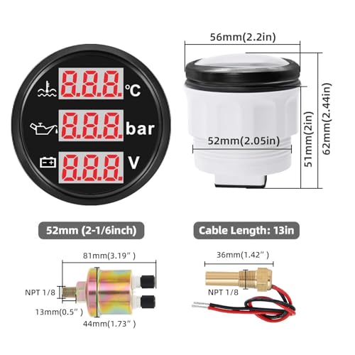 SIXRUN Strumento 3 in 1, Misuratore Digitale Temperatura Liquido Raffreddamento Pressione Olio Voltaggio, 52mm, 12V, Display Rosso, IP67, per Auto Barca Camion