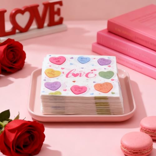 Image of 40 Pack Valentine's Day Paper Napkins - 13 x 13 Inches Colorful Heart Love Message Disposable Serviettes Luncheon Cocktail Napkin Party Supplies for Weddings, Anniversaries, and Romantic Celebrations