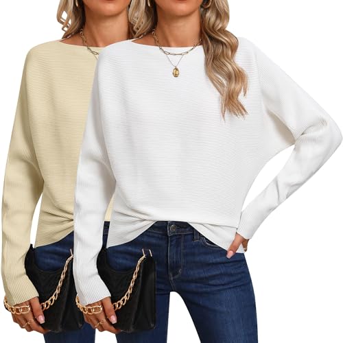Ficerd 2 Pack Women's Fall Sweaters 2025 Boat Neck Dolman Bat Wing Long Sleeve Knitted Sweaters Casual Pullovers Tops