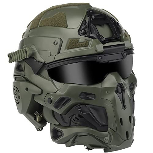 WLXW Neue Generation Fast Paintball Airsoft Helm Full Face Schutzhelm, Built-In Tactical Headset Anti-Fog Fans Sonnenschirm Schiebebrille, Für Airgun Paintball Maske CS Outdoor,Grün Cover