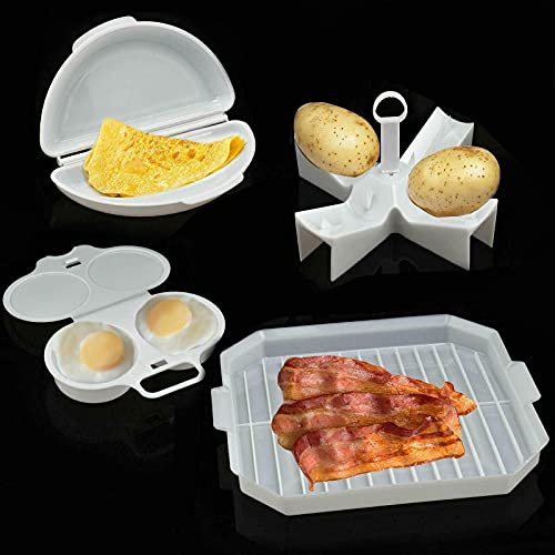 MantraRaj Lot de 4 ustensiles de cuisine pour micro-ondes - Pocheuse à œufs, bacon, pommes de terre, omelette - Plastique sans BPa - Passe au lave-vaisselle - Design compact Cover