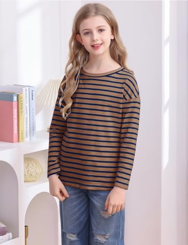 Image of Fanway&EC Girls Casual Long Sleeve T Shirts Basic Crewneck Striped Tunic Blouses Tops