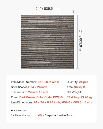 Image of VEVOR Carpet Tiles Reusable 24x24 inch, 24 PCS Modular Carpet Square Rug, Commercial Floor Soft Padded for Seamless Cover 96sq.ft, Easy DIY for Living Room Bedroom Office Indoor,Dark Brown