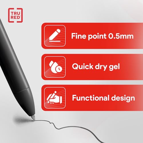 Image of TRU RED Retractable Gel Pens, Fine Point 0.5mm, Black Ink, 12 Pack - Quick‑Dry Pens for Precise, Smear‑Free Writing