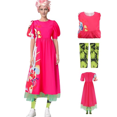 Poboola Weird Doll Costume Pink Dress Adult Women Cosplay Halloween Outfit Puff Short Sleeve Printed Dresses L