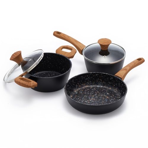3-Piece Nonstick Cookware Set, 8.5 Inch Frying Pan & 2 Pots with Lids | PFAS & PFOA Free Non-Toxic Coating | Induction Compatible, Dishwasher Safe | Pots and Pans Set for Beginner Kitchen