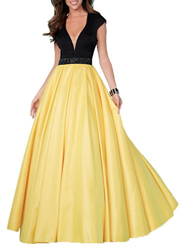 YORFORMALS Women's Cap Sleeve Beaded Ball Gown Evening Prom Dress Long V-Neck Formal Gown Extra Charge Black/Yellow