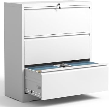 Lateral 3 Drawer File Cabinet with Lock, Metal Large-capacity Fully Extendable Drawers for Home Office, Adjustable Hanging Rods for A4/Legal/Letter Sizes, Anti-tipping Design, Require Assembly, White