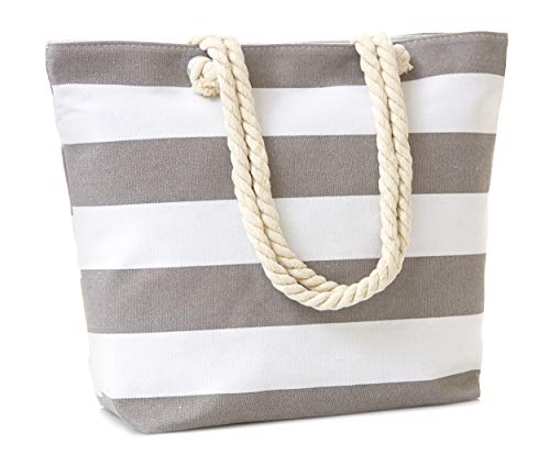 Bolso tote de lona resistente al agua de Leisureland para playa, con asas de cuerda y diseño a rayas gris miniatura 1
