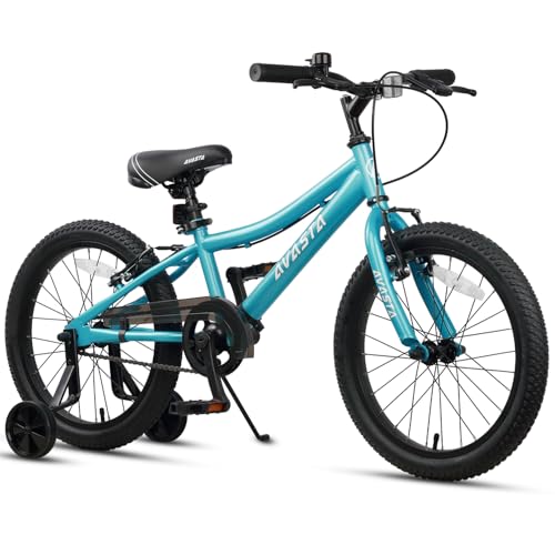 AVASTA Bilbo 18 Inch Kids Bike for Boys Girls 5 6 7 8 Years Old, Retro Style High Carbon Steel Bicycle with Adjustable Handlebars and Seat, Dual V-Brakes, Training Wheels, Kickstand, Cyan