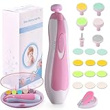 Baby Nail File Electric Nail Trimmer Manicure Set with Nail Clippers, Toes Fingernails Care Trim Polish Grooming Kit Safe for Infant Toddler Kids or Women, LED Light and 10 Grinding Heads, Pink/White