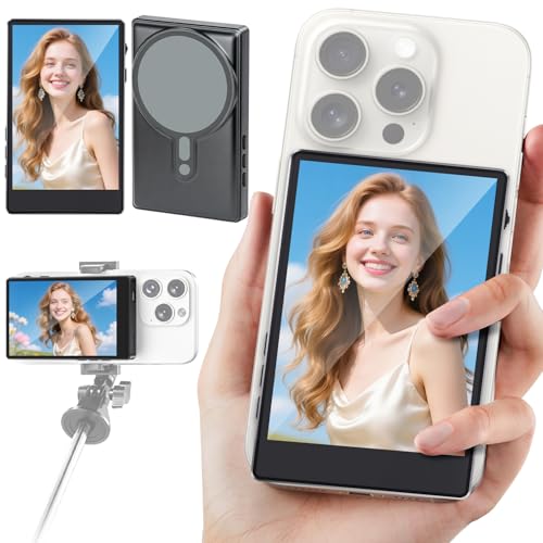 Vlog Selfie Monitor Screen, Magnetic Phone Vlog Selfie Monitor Screen Back Camera Monitor for Vlog Live Stream TikTok, Compatible with iPhone & Android, Black