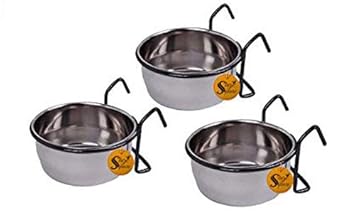 Sage Square Rustproof Stainless Steel Cage Food, Seed, Water Feeder Cum Bowl with Holder clamp for Birds (225ml) (Set of 3)