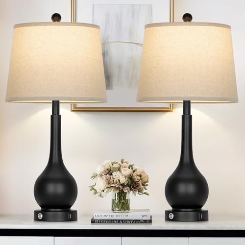 Rinweey 26" Black Table Lamps Set of 2, Touch Control Lamps for Living Room, 3-Way Dimmable Bedroom Bedside Lamps for Nightstands with USB A+C Port (2 LED Bulbs Included)