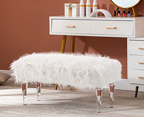 Guyou Fluffy Acrylic End Of Bed Bench White Faux Fur Ottoman For Bedroom, 35” Modern Upholstered Entryway Bench With Acrylic Legs For Foyer Living Room Bedroom Vanity (White) #TOP2
