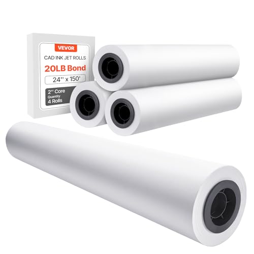 VEVOR Wide Format Paper, 24 in x 150 ft Plotter Paper, 4 Rolls CAD Bond Rolls with 2 in Core, 20 LB Bond Paper Rolls, Idea for CAD Drawings, Engineering Plans, GIS Maps & Architectural Designs by VEVOR - Used condition - US$41.03