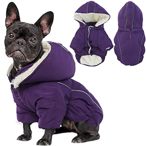 Abrigo para Perros, Chaqueta para Invierno, Resistente al Viento con Rayas Reflectantes, Ropa de Invierno Ajustable, Sombrero extraíble, cálido para Bulldog Pequeños Perros Medianos Grandes (Lila,XS) Cover