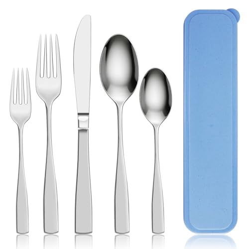Camping Besteck, 5 Stück Reisebesteck Edelstahl mit Etui, Portable Campingbesteck 1 Person, Messer Gabel Löffel Set Spülmaschinenfest, Ideal für...