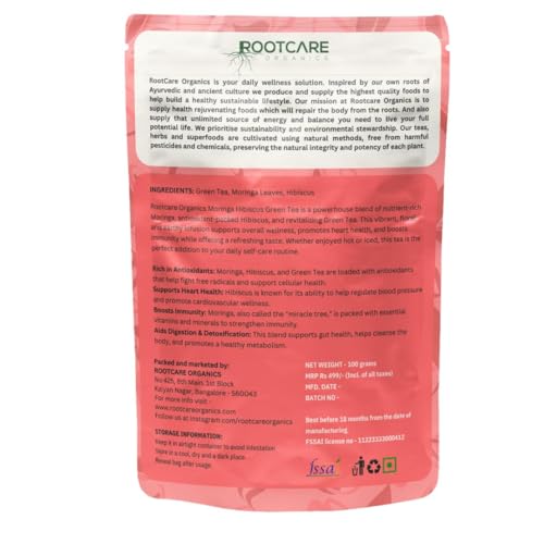 Image of Rootcare Organics green tea Moringa Hibiscus Herbal Tea 100g Pack Of 1 Month Antioxidant-Rich Supports Heart Health Caffeine-Free Aids Digestion Detoxification Loose Leaves Herb Blend