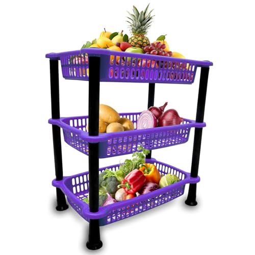 Image of patidar brothers Plastic 3 Layer Multi-Purpose Kitchen Storage Basket Rack|Vegetable Basket For Kitchen (color: Purple)