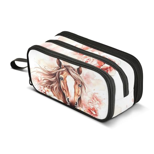 Image of Brown Horse Watercolor Flower Pencil Case Box Boys Girls Large Pencil Pouch Zipper Compartments Big Capacity Stationery Pen Bag Organizer for Kids Teens Adults School Office