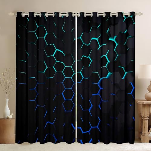 Geometric Honeycomb Window Curtains,Teal Blue Curtain,Hexagon Window Drapes for Kids Teens Boys Young Man,Modern Bedroom Decorative,Modern Geometry Curtain,38Wx54L