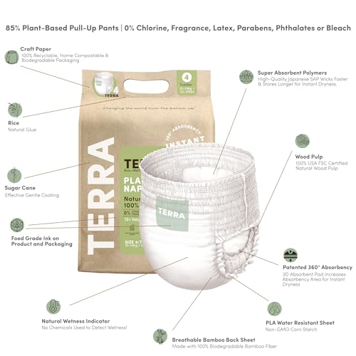 Terra Training Pants Size 4: 85% Plant Based Pull-Up Style Diapers, Ultra-Soft & Chemical-Free for Sensitive Skin, Superior Absorbency, Perfect Overnight Diapers, for Toddlers 22-30 Pounds, 128 Count by Terra - Image 3