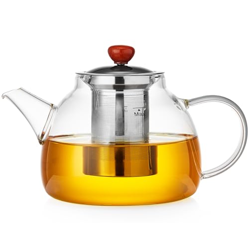 44oz Robust Glass Teapot with Detachable Infusers for Loose Leaf Tea, Sturdy Stovetop Safe Pot Crafted from Thicker Borosilicate Glass with Insulated Lid, Versatile for Green, Black Tea and Tea Bags
