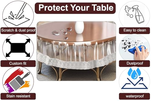 Image of The Furnishing Tree Round Shaped Center Transparent Table Cover WxL 36x36 inches 0.25 mm Thickness with White Lace