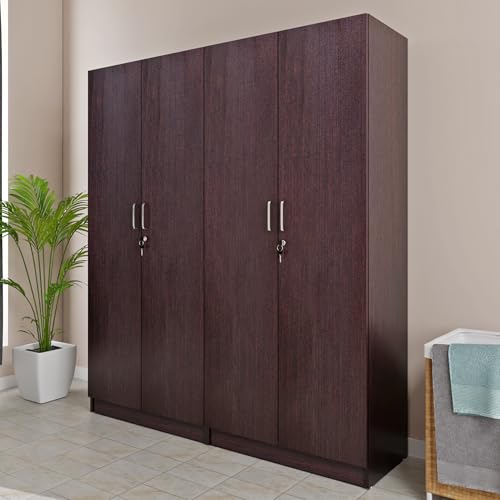Image of VIKI Wardrobe | Wooden Almirah for 4 Door with Shelves & 2 Hanging Space Wardrobe (Dark Wenge - 40D x 160W x 180.8H) | 1 Year Warranty | Free Assembly
