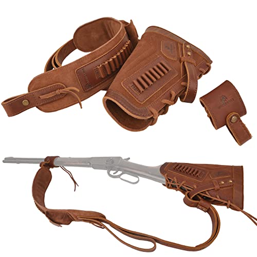 Leather Gun Buttstock Cheek Rest Pad with Matched Sling and Loops, No Drill/No Mounts Needed (Brown (.22LR .22MAG .17HMR), Lefty Handed)