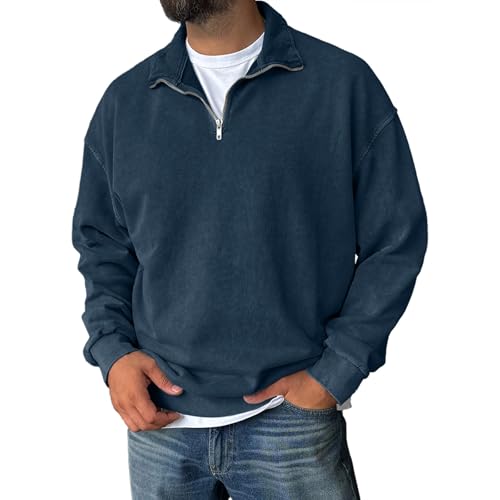 Men's Quarter Zip Polo Pullover Lightweight Long Sleeve Distressed Sweatshirt Vintage Comfort Fit Fall Winter Tops