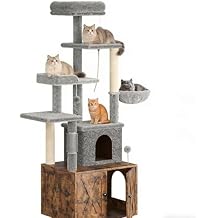 3-in-1 Cat Tree & Hidden Litter Box Enclosure, 65 Tall Cat Furniture with Scratching Post, Hammock & Perches, Modern Wooden Cat Condo Cabinet for Indoor Cats, Rustic Brown