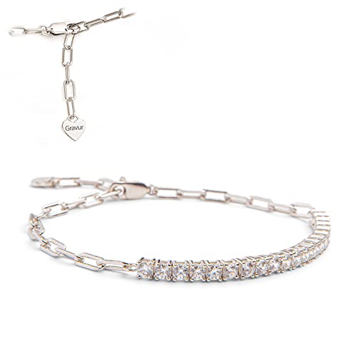 Preisvergleich Produktbild Amoonic Damen Armband Silber 925 / Tennisarmband und Gliederarmband in einem / Personalisierbar mit gravierbarem Herzplättchen / Silberarmband für Frauen