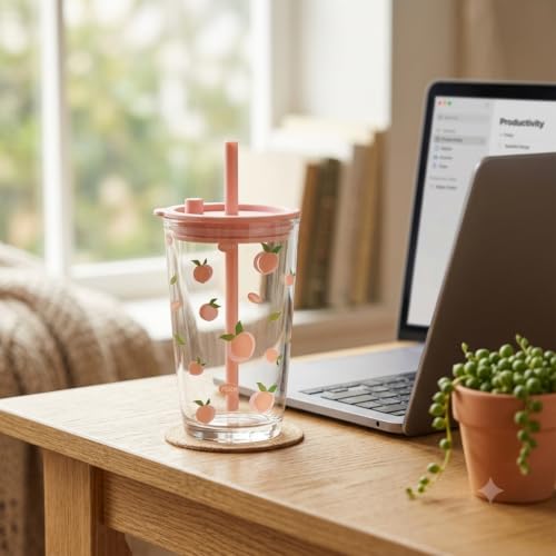 Image of criterion 400ml Glass Coffee Cup with Straw and Lid - Cute Can Shaped Tumbler for Iced Coffee, Juice, Milk, Smoothies- Set of 1