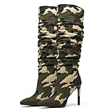 driceic Women's Camo Knee High Boots Slouch Stiletto High Heels Boots Pointed-Toe Casual Pull-On Tall Boot Party Dress Camouflage pants Shoes 7