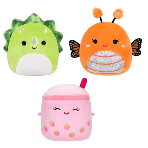 Jazwares Micromallows Pack de 3 Peluches Micromallows Original Squishmallows - Peluches de 6,3 cm Mony la Papillon, Tristan Le Tricératops et Victoria la Boba à la Fraise