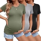 Ficerd 3 Pack Women's Maternity T-Shirts, Short Sleeve Maternity Tops Comfy Crew Neck Side Ruched Pregnancy Clothes(Black, Light Gray, Army Green,Medium)