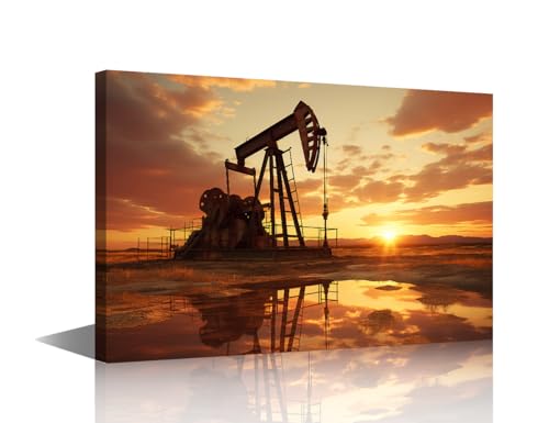 Toile murale encadrée coucher du soleil station de pompage décorative 45x30 cm