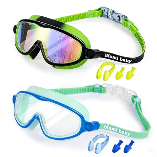 Blumi Goggles Kids 2 Pack Ages 3-14 Wide View Anti-Fog Anti-UV One-Button Quick Release No Hair Tangling (Black/Green + Light Blue)
