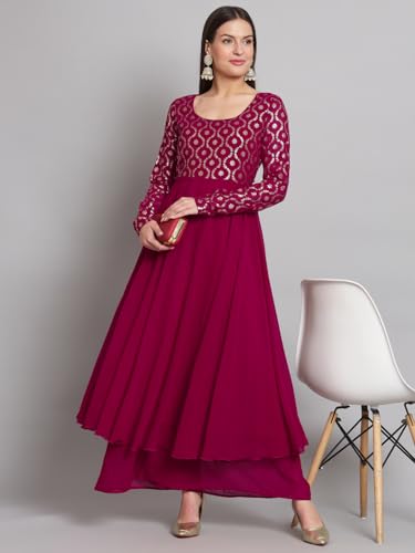 Image of PH POSHAKHUB Georgette Foil Print Anarkali Kurta has Round Neck and Full Sleeve