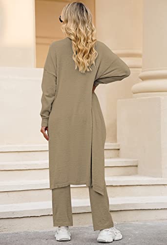 Linsery Lady Sherpa Three Piece Fleece Outfits Open Front Cardigans Crop Vest Top Wide Leg Pants Sweatsuit Sets Camel M #TOP5