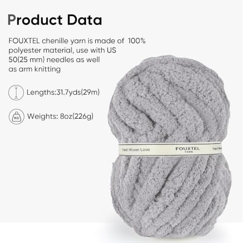 Image of 8 Jumbo Packs Chunky Chenille Yarn for Crocheting, 31.7 yds, 8 oz Each Skein Bulky Thick Fluffy Yarn for Knitting, Super Bulky Chunky Yarn for Hand Knitting Blanket, Soft Plush - Light Gray