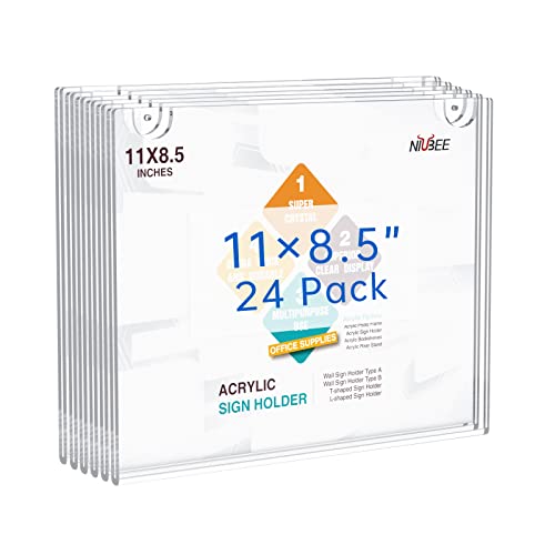 NIUBEE 24-Packs Acrylic Wall Sign Holder 8.5x11 Horizontal, Clear Plastic Picture Frames , Wall Mounted Design.