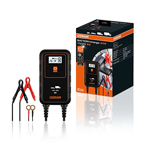 OSRAM BATTERYcharge 908, KFZ-Batteriewartungsgerät 12V & 24V, mobiles KFZ Batterieladegerät für PKW, Motorrad, SUV, Van, Kleinlaster., 59.94