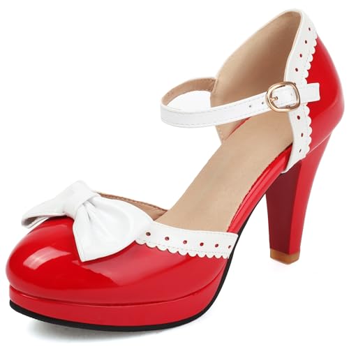 Image of ForeMode Fashion Women T-Strap High Heels Bow Platform Round Toe Pumps Leather Summer Sweet Shoes